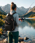 Woman fishing by the lake with a Women's Fishing Sling Bag With Lure Rod Holder And Phone Pouch Waterproof 3600 Tackle Backpack in black.