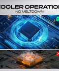 Cooler operation without meltdown vs overheating processor image showing thermal efficiency and design.