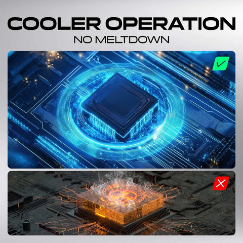 Cooler operation without meltdown vs overheating processor image showing thermal efficiency and design.