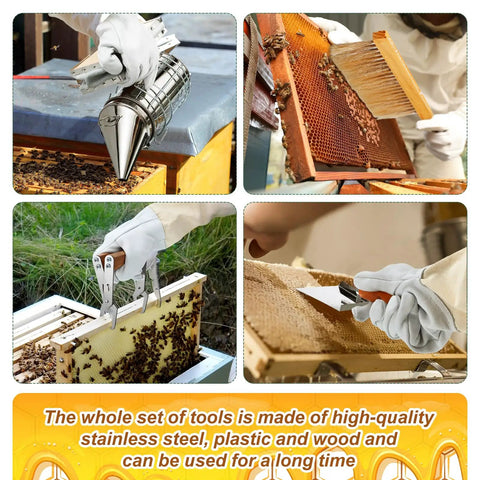 All In One Beekeeping Starter Kit With 30 Piece Gear And Protective Jacket For Beginners To Pros in use during hive inspection