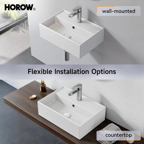Bathroom Wash Basin(45 * 31 * 13cm) - Countertop/Wall-Mounted Recular Sink (Whitle) shown as wall-mounted and countertop options.