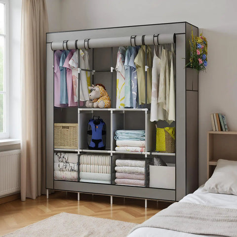 Portable Wardrobe Organizer With Six Roomy Shelves And Four Hanging Sections, Four Side Pockets, Grey Garment Closet System