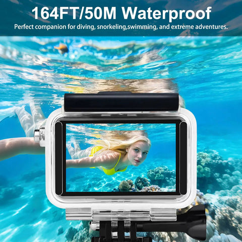 Woman underwater using Waterproof Case With Floating Grip For DJI Action 5 Pro Action 4 And Action 3 Cameras, 50M 164FT deep.