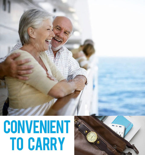 Foldable Travel Power Strip With USB C Outlets Non Surge Protector shown with couple on cruise, convenient to carry