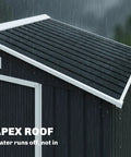 7x4 Outdoor Metal Storage Shed With Foundation Kit shown with rain-resistant sloped roof, dark gray color, close-up side view