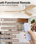 Slick Look 52 Inch Low Profile Ceiling Fan With Steady Breeze Motion And Soft Ambient Lights Quick Build Setup Smart App Sync and Hands Free Voice Control remote control in kitchen setting.
