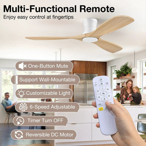 Slick Look 52 Inch Low Profile Ceiling Fan With Steady Breeze Motion And Soft Ambient Lights Quick Build Setup Smart App Sync and Hands Free Voice Control remote control in kitchen setting.