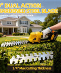 9" dual action hardened steel blade cordless trimmer cutting through bushes, part of Knock Out Weeds And Overgrown Bushes With This Cordless Pole Hedge Trimmer And Grass Shears, Four In One Power Tool With 16ft Reach And 4.0Ah Battery For Tough Yard Jobs And Easy Storage Solutions.