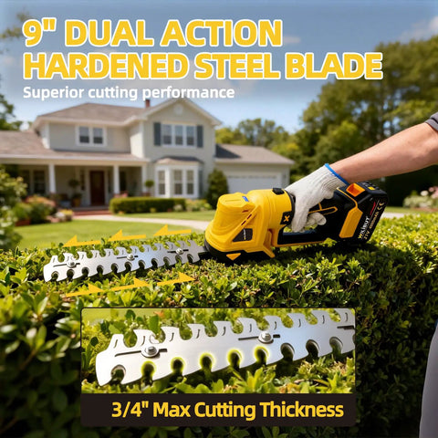 9" dual action hardened steel blade cordless trimmer cutting through bushes, part of Knock Out Weeds And Overgrown Bushes With This Cordless Pole Hedge Trimmer And Grass Shears, Four In One Power Tool With 16ft Reach And 4.0Ah Battery For Tough Yard Jobs And Easy Storage Solutions.