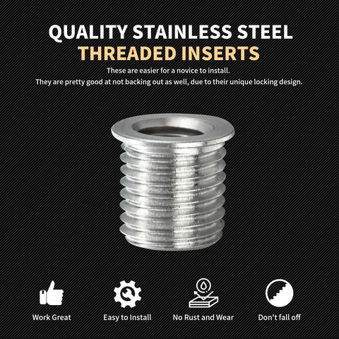 Close-up of stainless steel threaded insert from M5 X 0.8 Thread Repair Kit With Stainless Steel Inserts Drill Tap Counterbore And Install Driver 10 Pcs Metric M5X0.8X7.6MM Inserts Restores Damaged Threads In Metal And Plastic Pro Grade Kit, showing quality and design features.