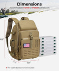 Fishing Tackle Backpack With Rod And Gear Holder For All Day Outdoor Use Lightweight Water Resistant Khaki next to tackle boxes.