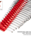 Red 15 Tool Modular Wrench Organizer Set For Customizable Wrench Storage, includes red modules holding wrenches.