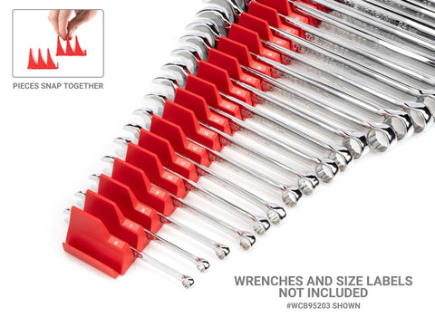 Red 15 Tool Modular Wrench Organizer Set For Customizable Wrench Storage, includes red modules holding wrenches.