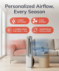 All Season Hybrid Oscillating Fan And Space Heater For Home Use With Remote Control Timer Thermostat Tip Over Switch 1500W Ceramic Heater And High Velocity Tower Fan 37.5 Inches White in living room