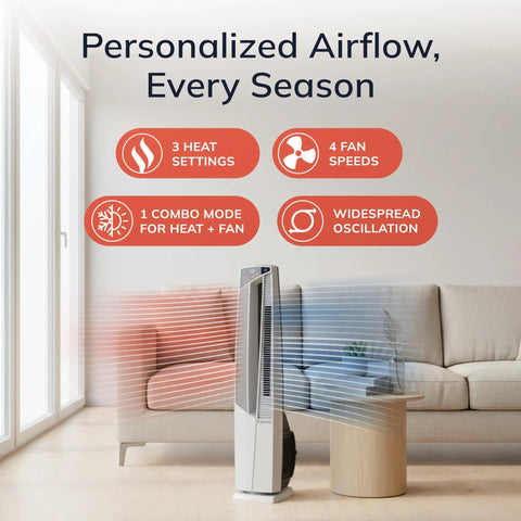All Season Hybrid Oscillating Fan And Space Heater For Home Use With Remote Control Timer Thermostat Tip Over Switch 1500W Ceramic Heater And High Velocity Tower Fan 37.5 Inches White in living room