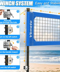 Backyard Volleyball Net Set With Pro Grade Sturdy Winch No Sagging Tension For A Tight Competitive Play installed on beach showing winch system