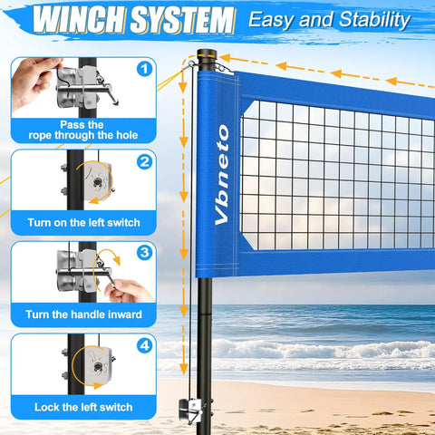 Backyard Volleyball Net Set With Pro Grade Sturdy Winch No Sagging Tension For A Tight Competitive Play installed on beach showing winch system