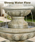 Close-up view of 42.5 Inch Outdoor Water Fountain With 3 Tier Cascading Waterfall In Fiber Reinforced Concrete For Garden Patio Backyard And Lawn Decor A Chill Big Outdoor Water Feature For Your Home Oasis.