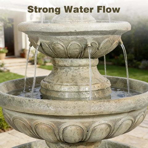 Close-up view of 42.5 Inch Outdoor Water Fountain With 3 Tier Cascading Waterfall In Fiber Reinforced Concrete For Garden Patio Backyard And Lawn Decor A Chill Big Outdoor Water Feature For Your Home Oasis.