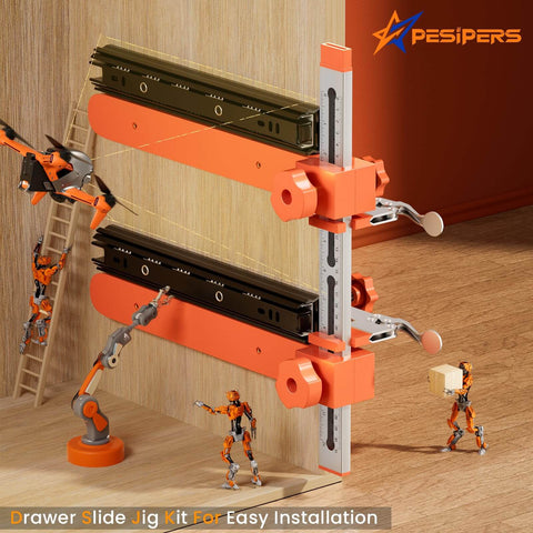 Adjustable Drawer Slide Jig With Toggle Clamp And Magnetic Arm For Precision Cabinet Installations mounted on wood panel