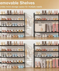 Four Tier Metal Shoe Rack Organizer, 33 Inch Wide With Four Side Hooks, Heavy Duty Shoes Shelf For Closet Front Door Garage Or Dorm, Black Finish, showcasing interior capacity with various shoes including boots and heels, demonstrating shelf configuration.