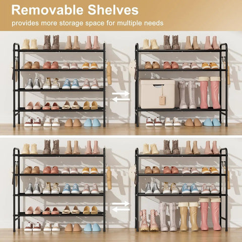 Four Tier Metal Shoe Rack Organizer, 33 Inch Wide With Four Side Hooks, Heavy Duty Shoes Shelf For Closet Front Door Garage Or Dorm, Black Finish, showcasing interior capacity with various shoes including boots and heels, demonstrating shelf configuration.