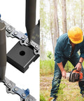 Pro Grade Chainsaw Chain Breaker Kit with 12 Repair Straps, master link punch and joiner, and a man using a chainsaw.
