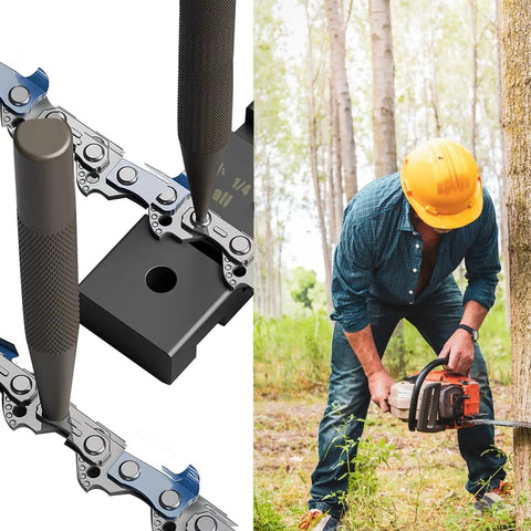 Pro Grade Chainsaw Chain Breaker Kit with 12 Repair Straps, master link punch and joiner, and a man using a chainsaw.