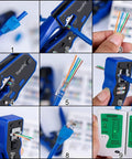All In One RJ45 Crimp Tool Kit For Pass Through Connectors Pro Level Ethernet Crimper With Cat6 Cat5 Cat5e Support Includes 50 Pass Through Connectors Spare Blades DIY Friendly Wire Stripper Network Tester Diagonal Cutter And Handy User Guide with detailed views of crimping, stripping, and testing process.