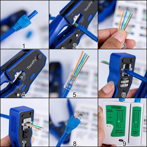 All In One RJ45 Crimp Tool Kit For Pass Through Connectors Pro Level Ethernet Crimper With Cat6 Cat5 Cat5e Support Includes 50 Pass Through Connectors Spare Blades DIY Friendly Wire Stripper Network Tester Diagonal Cutter And Handy User Guide with detailed views of crimping, stripping, and testing process.