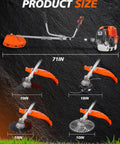 4-In-1 Gas Powered Weed Wacker With 52cc 2-Cycle Engine, Straight Shaft Trimmer, 3T Weed Blade, 40T Brush Cutter, Rip Saw Blade, Edging Tool, And Shoulder Sling For Quick Yard Makeovers shown with attachments and dimensions.