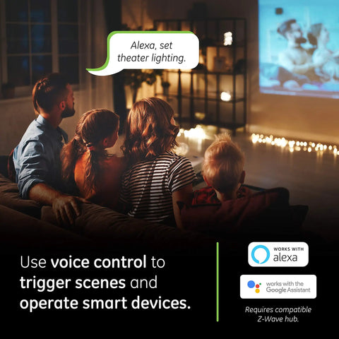 Family watching a movie with Z-Wave Plus Smart Dimmer control, works with Alexa. Compatible with ZWave hub, 3-way ready.