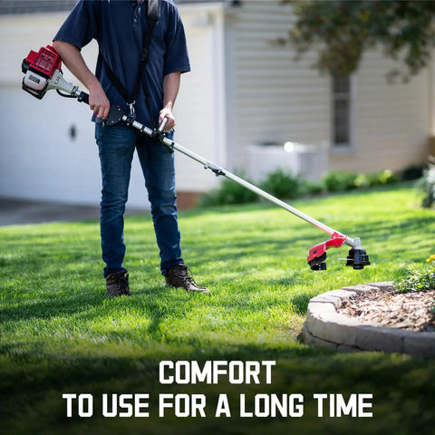 Person using Gas Powered Weed Wacker 25.4cc 2 Cycle String Trimmer And Edger With 16 Inch Cutting Swath on lawn