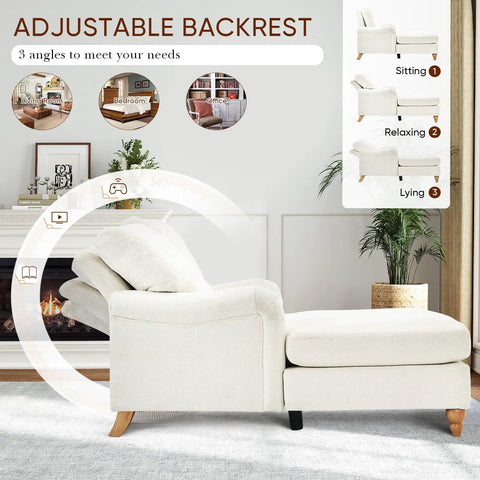 Side view of Chaise Lounge Chair With Adjustable Backrest Modern Cozy Chenille Upholstery Sleeper Bed With Rolled Arm for Indoor Use
