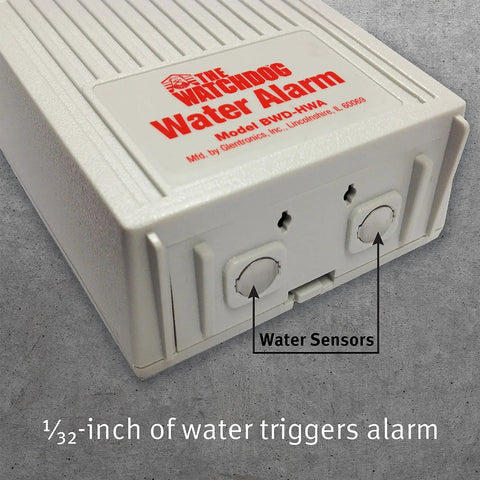 Close-up of 110 dB Water Alarm with Detachable Sensor, showing water sensors, detects 1/32 inch of water in hard-to-reach areas.