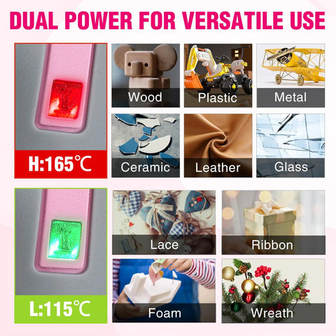Dual power settings on cordless dual-temp hot glue gun kit with 7.2V rechargeable battery for versatile crafting materials