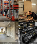 Collage of warehouse, workshop, covered patio, and garage spaces.