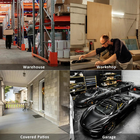 Collage of warehouse, workshop, covered patio, and garage spaces.
