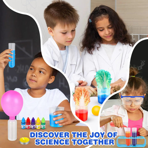 Kids using Hands On Science Lab Kit For Kids With 80 Experiments And Scientist Costume in classroom setting.