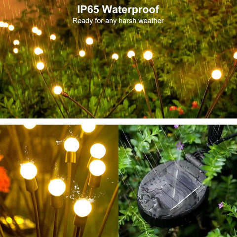 Solar Garden Lights Firefly And Starburst Swaying Lights in rain, showing waterproof feature amid lush greenery.