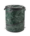 Pop Up 29.5 Gallon Outdoor Trash Can Collapsible For Parties, Yard Work, Camping, Or Laundry With Secure Zip Lid, green and folded