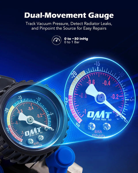 No Drama Coolant Vacuum Refill Kit With Dual Movement Gauge showing dual gauges for tracking vacuum pressure, measuring from 0 to -30 inHg.
