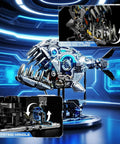 Myth Qholve Mechanical Piranha Building Block Kit With Hand Crank Gear System Multi Joint Motion Toy on futuristic background.