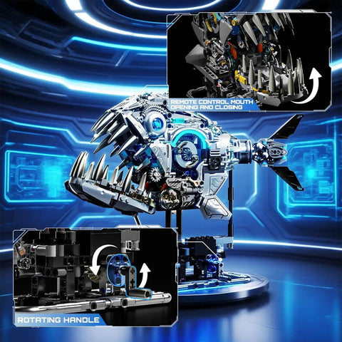 Myth Qholve Mechanical Piranha Building Block Kit With Hand Crank Gear System Multi Joint Motion Toy on futuristic background.