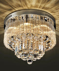 9 Light Modern Crystal Chandelier with K9 Raindrop Glass Flush Mount LED Ceiling Fixture, chrome base, illuminated view