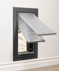 Top Shelf Double Flap Pet Door For Deep Walls Up To 13 Inches with clear flaps and heavy-duty aluminum frame in glossy black finish.