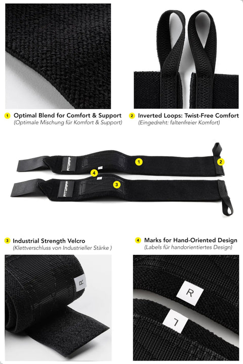 Heavy Duty Wrist Wraps For Weightlifting, Rock Solid Wrist Support For Bench Press And Pushups, 18 Inch Pair In Black, showing features like comfort blend and Velcro closure.