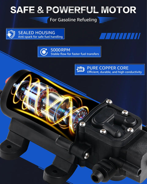 Illustration of 12V Electric Fuel Transfer Pump Kit With Hose showing motor with copper core and sealed housing for safe refueling.