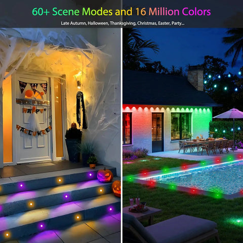 Dope 20 Pack LED Deck Lights Kit 1.77 Inch RGBW IC lighting on stairs and house exterior demonstrating multicolor effects.