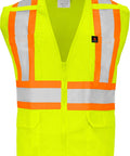 Class 2 Flame Retardant X Back Safety Vest With Zippered Front And Radio Clips Hi Vis Reflective Mesh Shell in bright lime color.